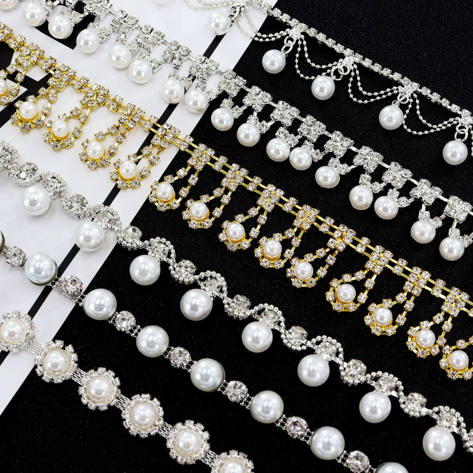Pearl rhinestone chain trim in floral scallop and hanging bead patterns for wedding dresses