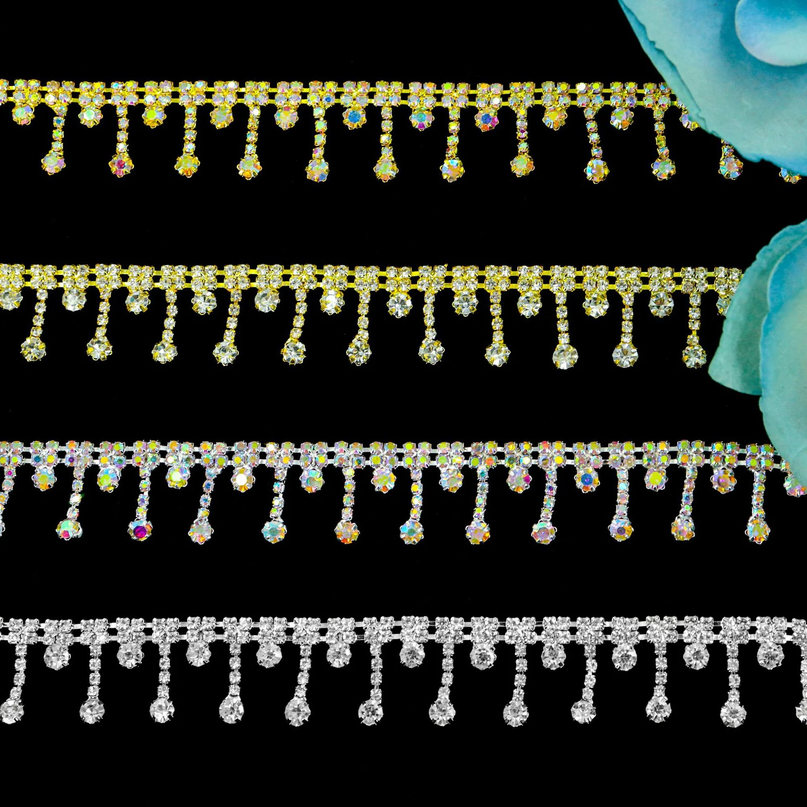 Narrow dangle rhinestone fringe trim in silver gold and AB crystal finishes