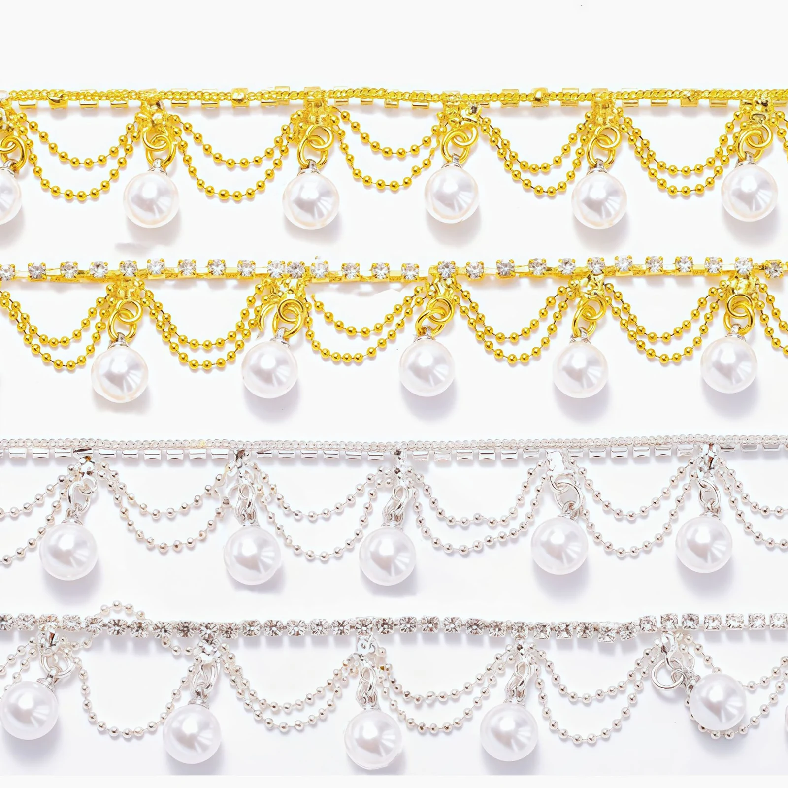 Silver and gold pearl dangle rhinestone chain trim with scalloped crystal links