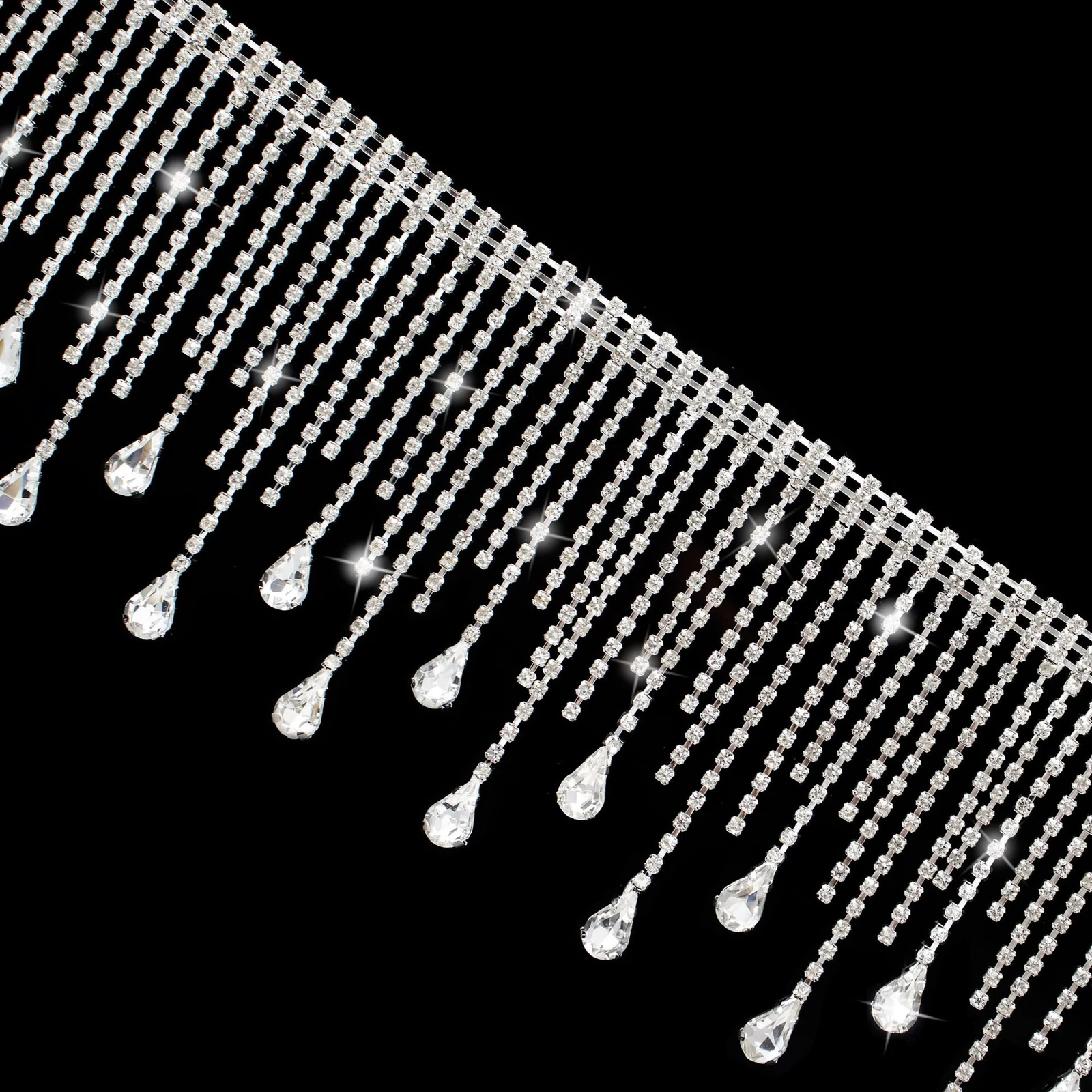 Nine centimeter teardrop rhinestone fringe trim in silver gold crystal and AB finishes