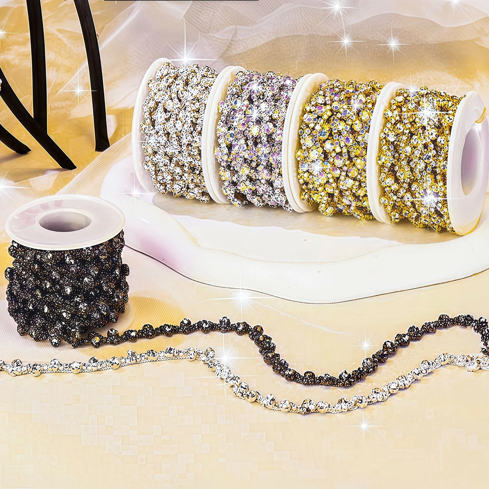 Narrow S-shaped rhinestone chain trim in silver gold black red AB and multicolor finishes