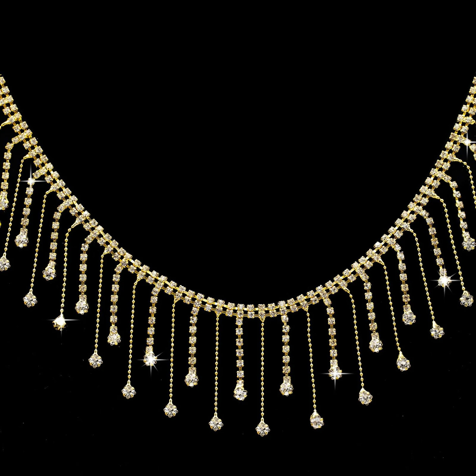 Round and teardrop rhinestone fringe trim in silver gold black champagne and multicolor options