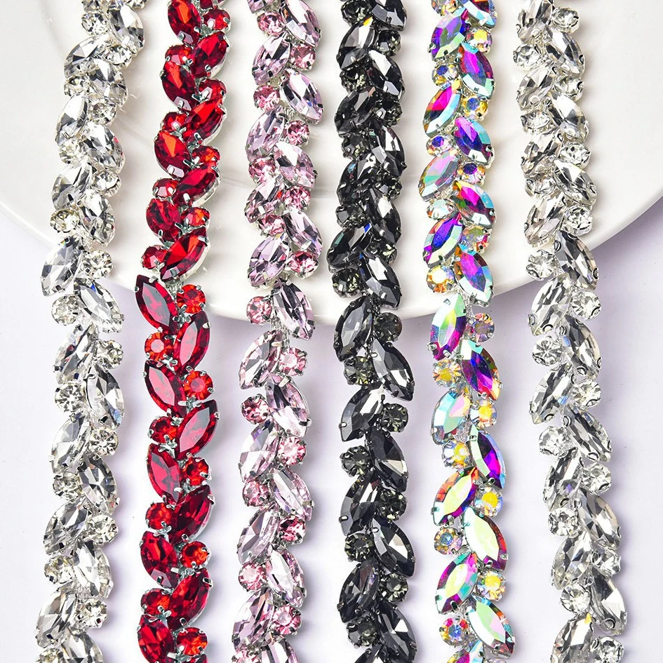 Marquise glass rhinestone chain trim in white AB pink red and gunmetal colors