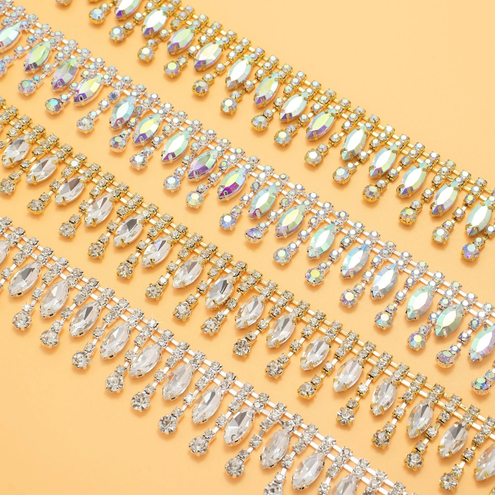 Marquise and hanging teardrop rhinestone chain trim in silver gold clear and AB finishes