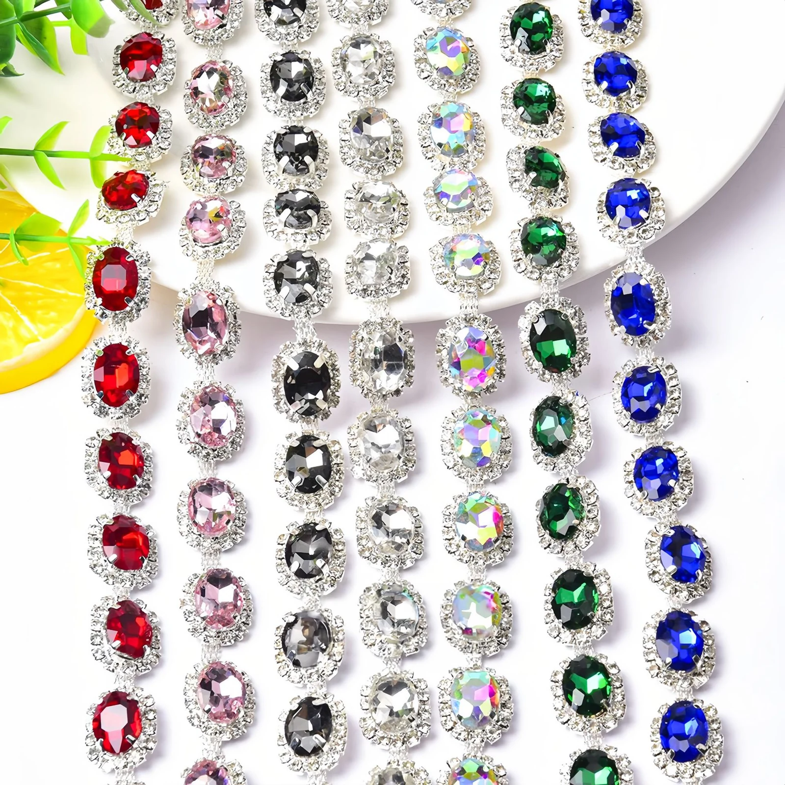 One and a half centimeter oval glass rhinestone trim in seven colors