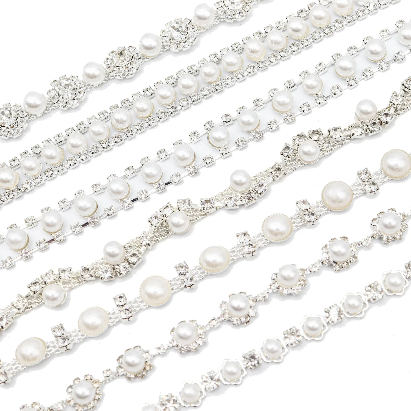 Six pearl and glass rhinestone chain designs with square floral S-shaped and elongated motifs