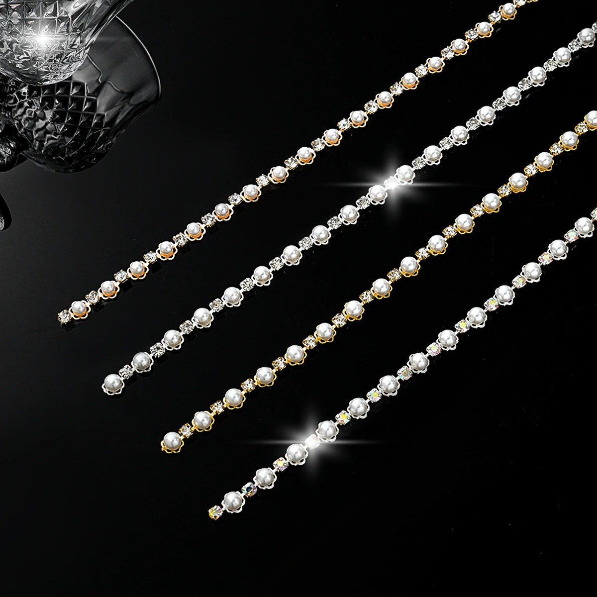 Narrow pearl flower rhinestone chain in silver white gold champagne and AB treatments