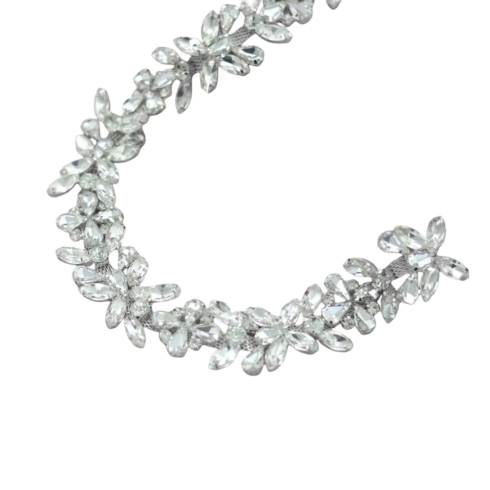 Wide marquise flower rhinestone chain trim with selectable iron and copper base construction