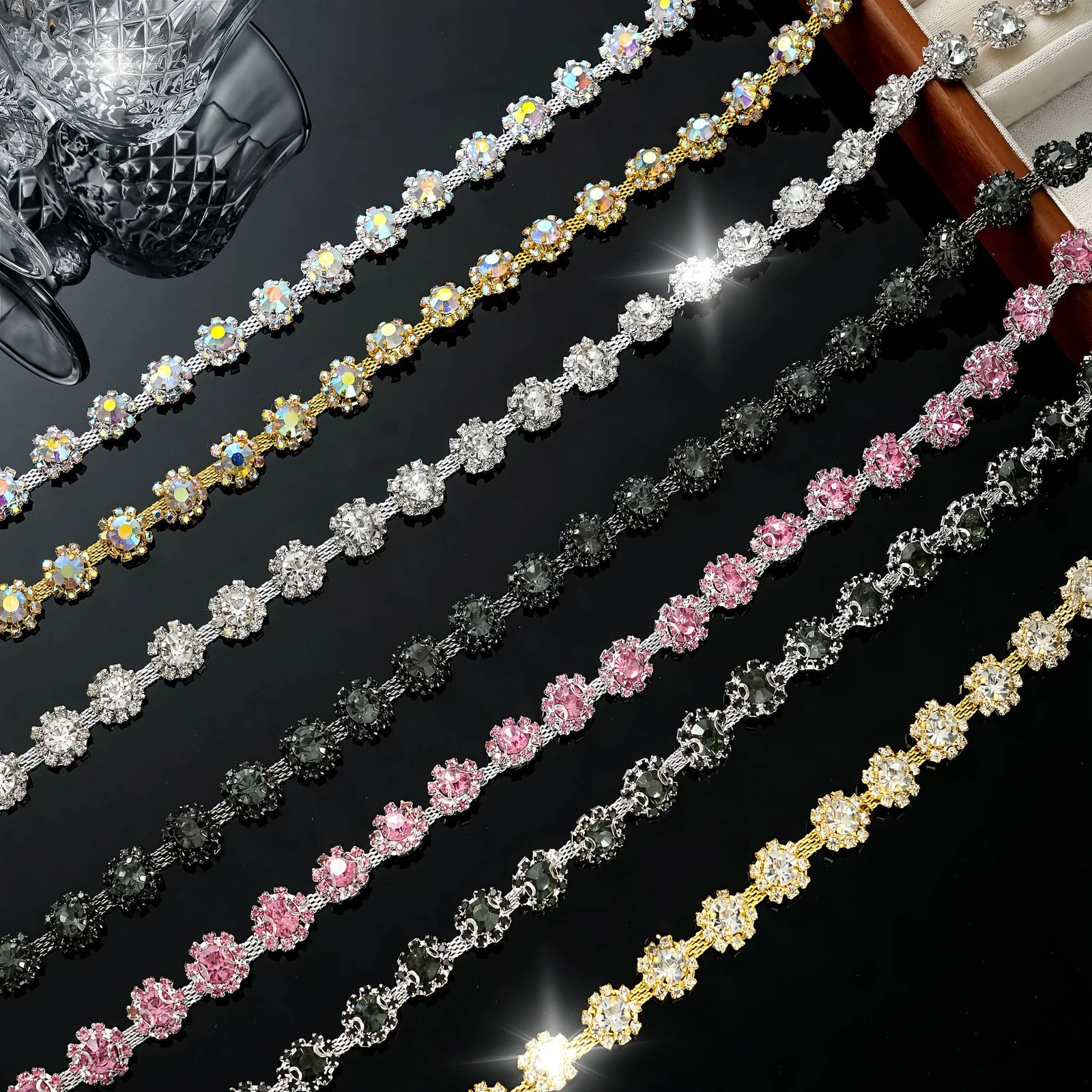Small and large multicolor sunflower rhinestone chain trim in neutral AB green and pink options