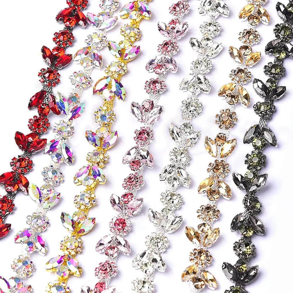 Ten marquise flower glass rhinestone chain finishes including clear red pink champagne and multicolor
