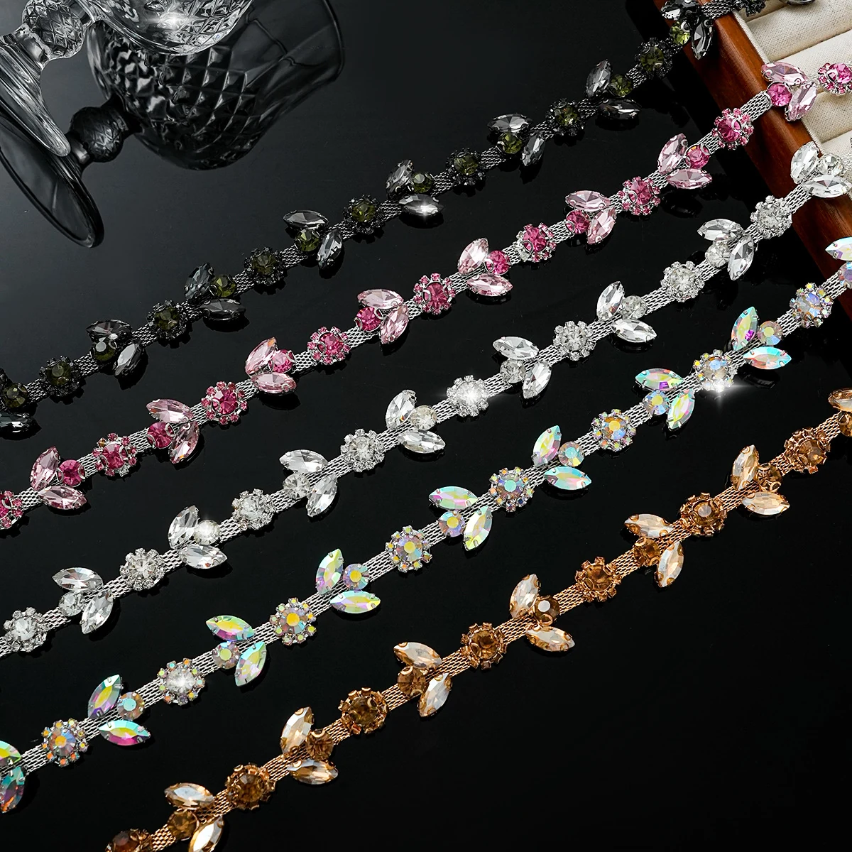 Sparse and dense colored rhinestone chain in 22 silver gold gunmetal and bright color combinations