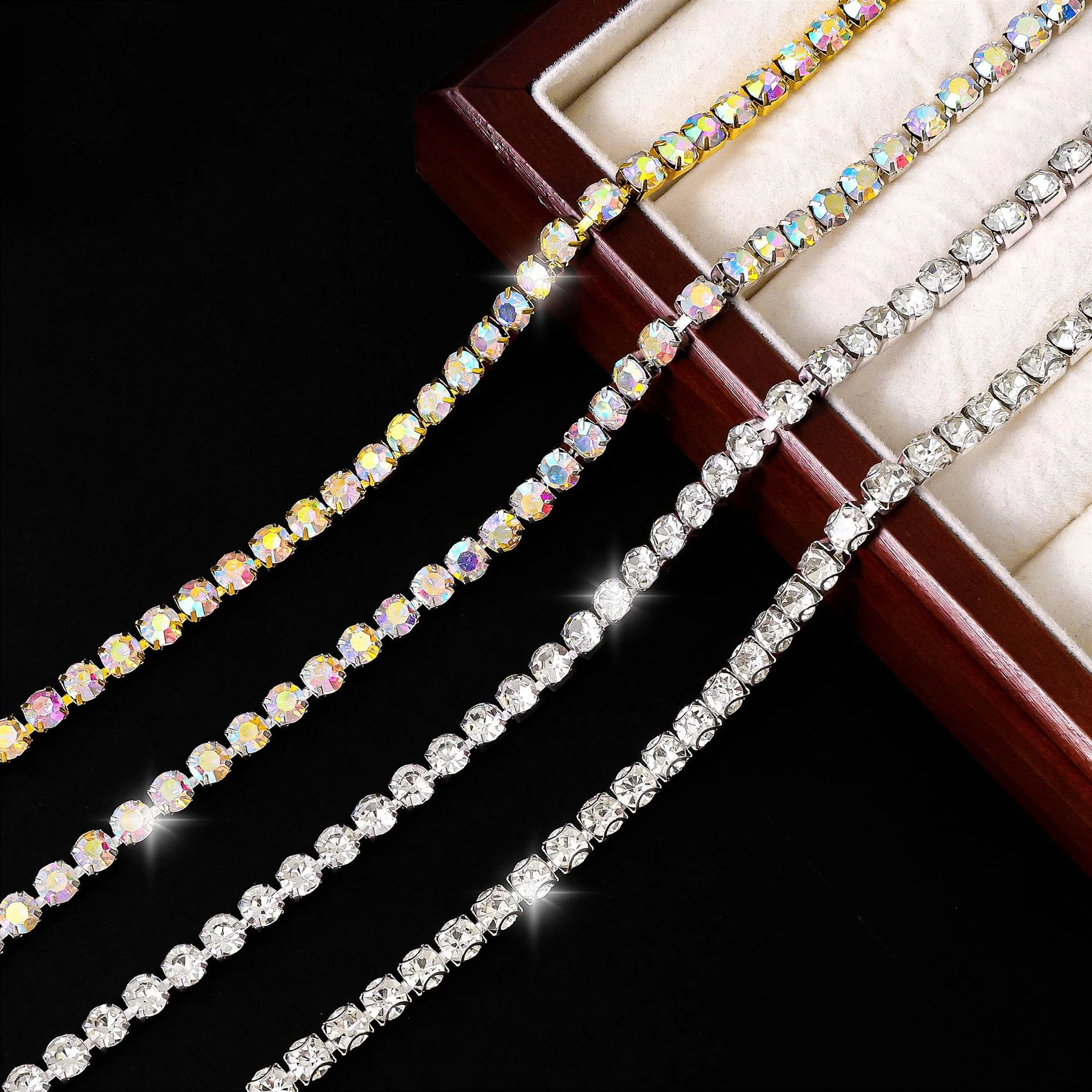 Single-row rhinestone claw chain in silver-white silver AB and gold AB finishes