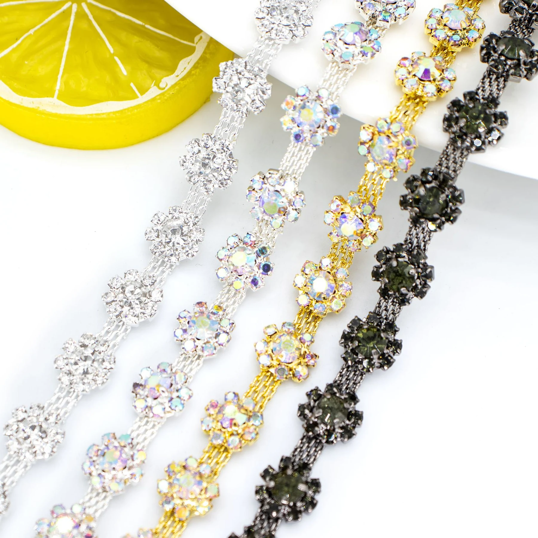 Small and large sunflower crystal chains in silver, AB, gold and gunmetal finishes