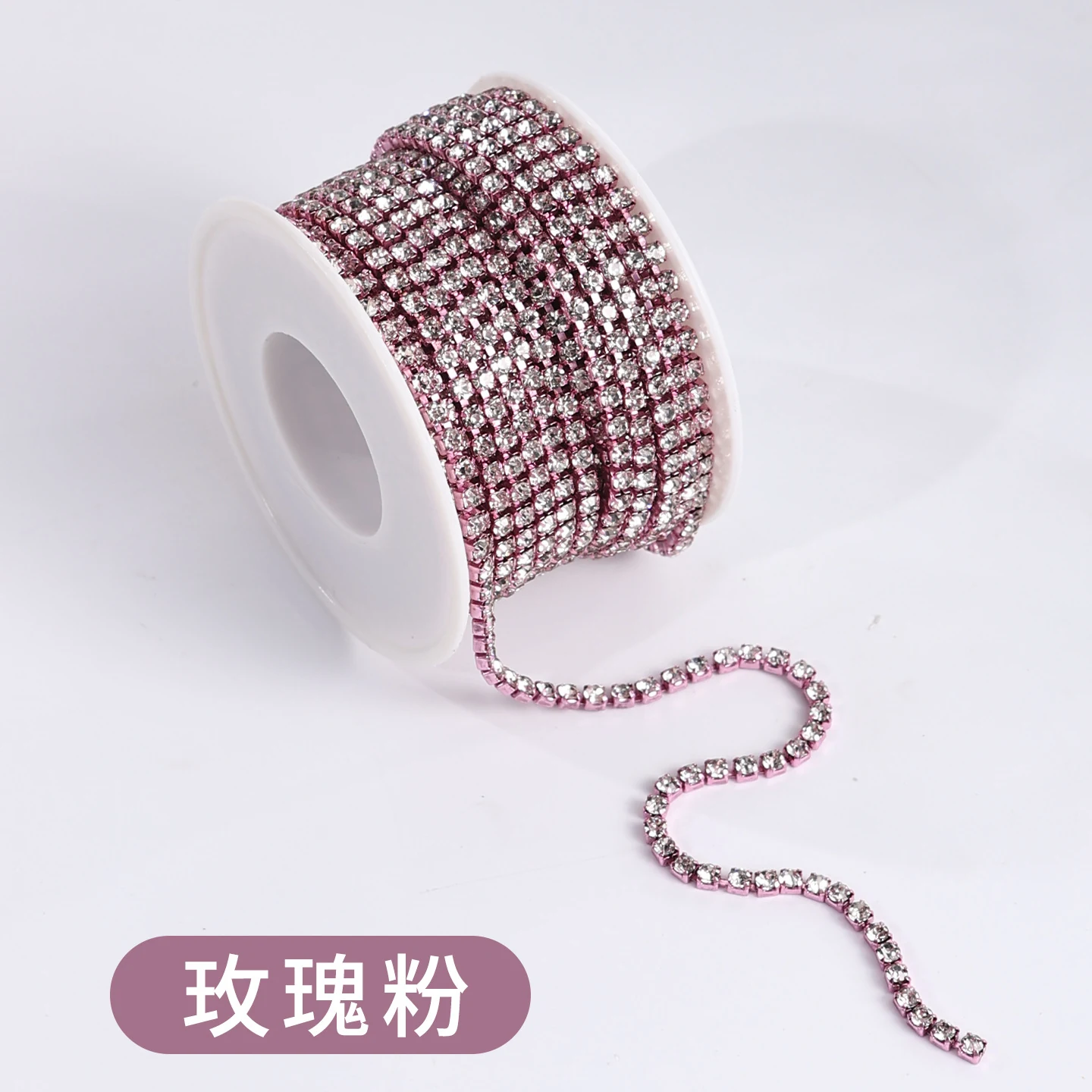 32-Color Electroplated Rhinestone Claw Chain - Rose Pink/White Crystal - 2.0 mm - 10 yd Roll