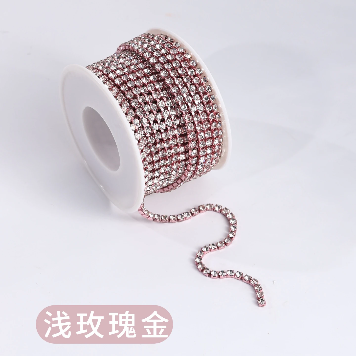 32-Color Electroplated Rhinestone Claw Chain - Light Rose Gold/White Crystal - 2.0 mm - 10 yd Roll