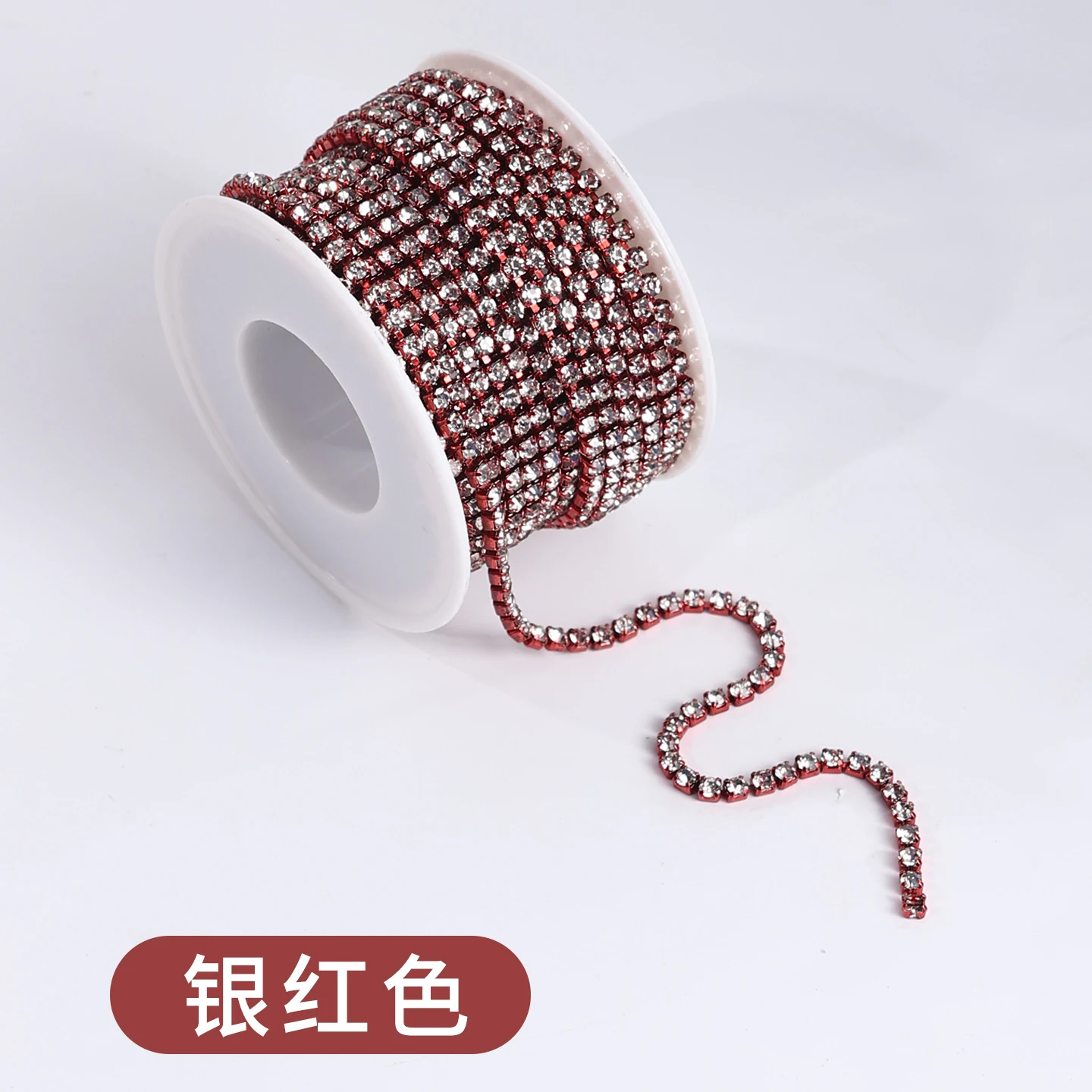 32-Color Electroplated Rhinestone Claw Chain - Silver Red/White Crystal - 2.0 mm - 10 yd Roll