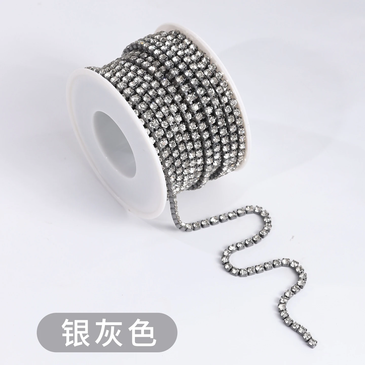 32-Color Electroplated Rhinestone Claw Chain - Silver Gray/White Crystal - 2.0 mm - 10 yd Roll