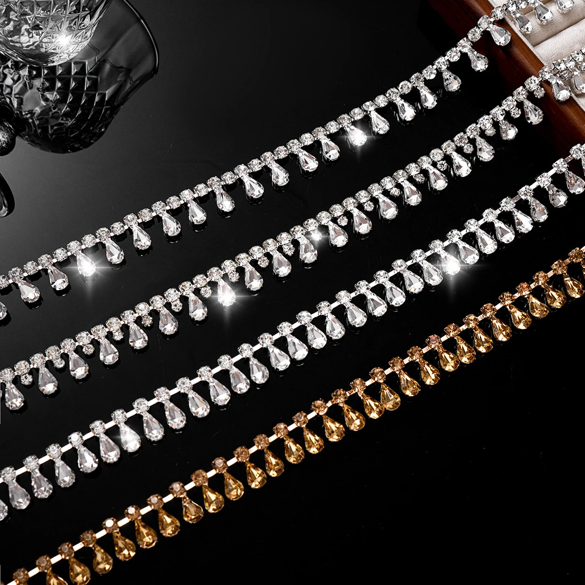 Silver and champagne marquise drop rhinestone fringe chain designs