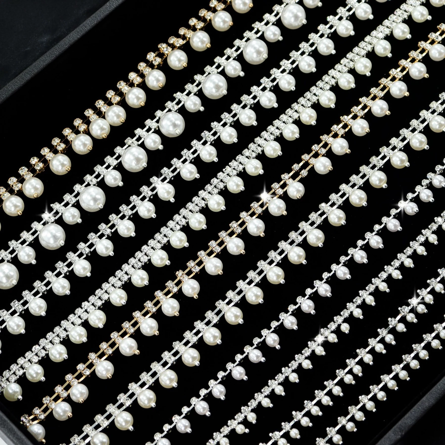 Assorted single-row and double-row pearl drop rhinestone chains