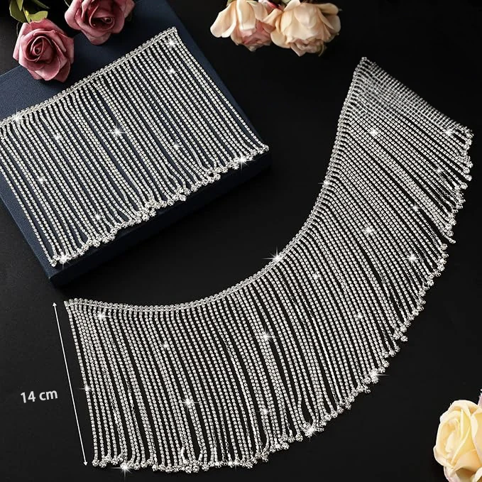 Long 14 cm rhinestone tassel fringe in silver and gold AB finishes