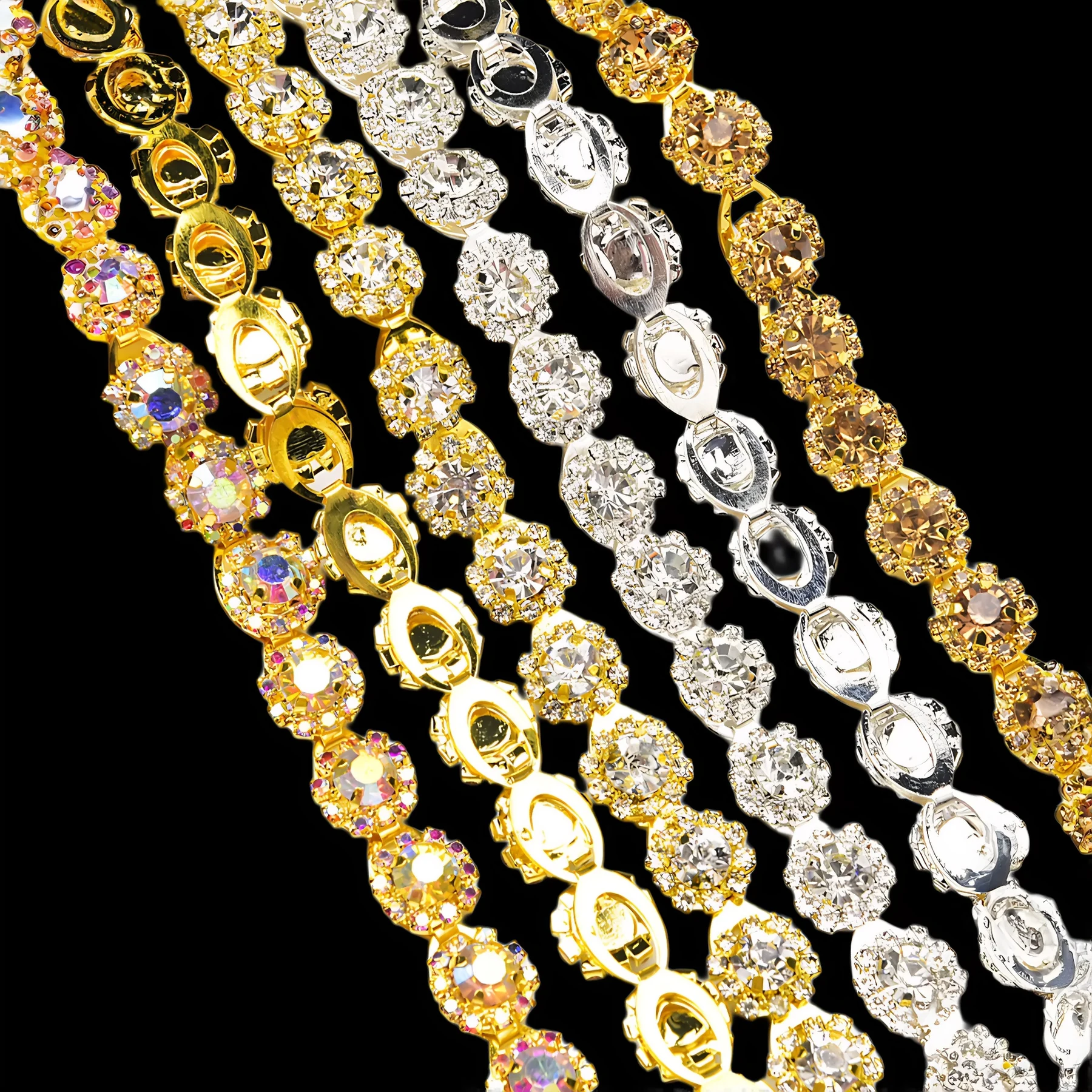 Sunflower halo rhinestone chains in silver, gold, AB, yellow and multicolor options
