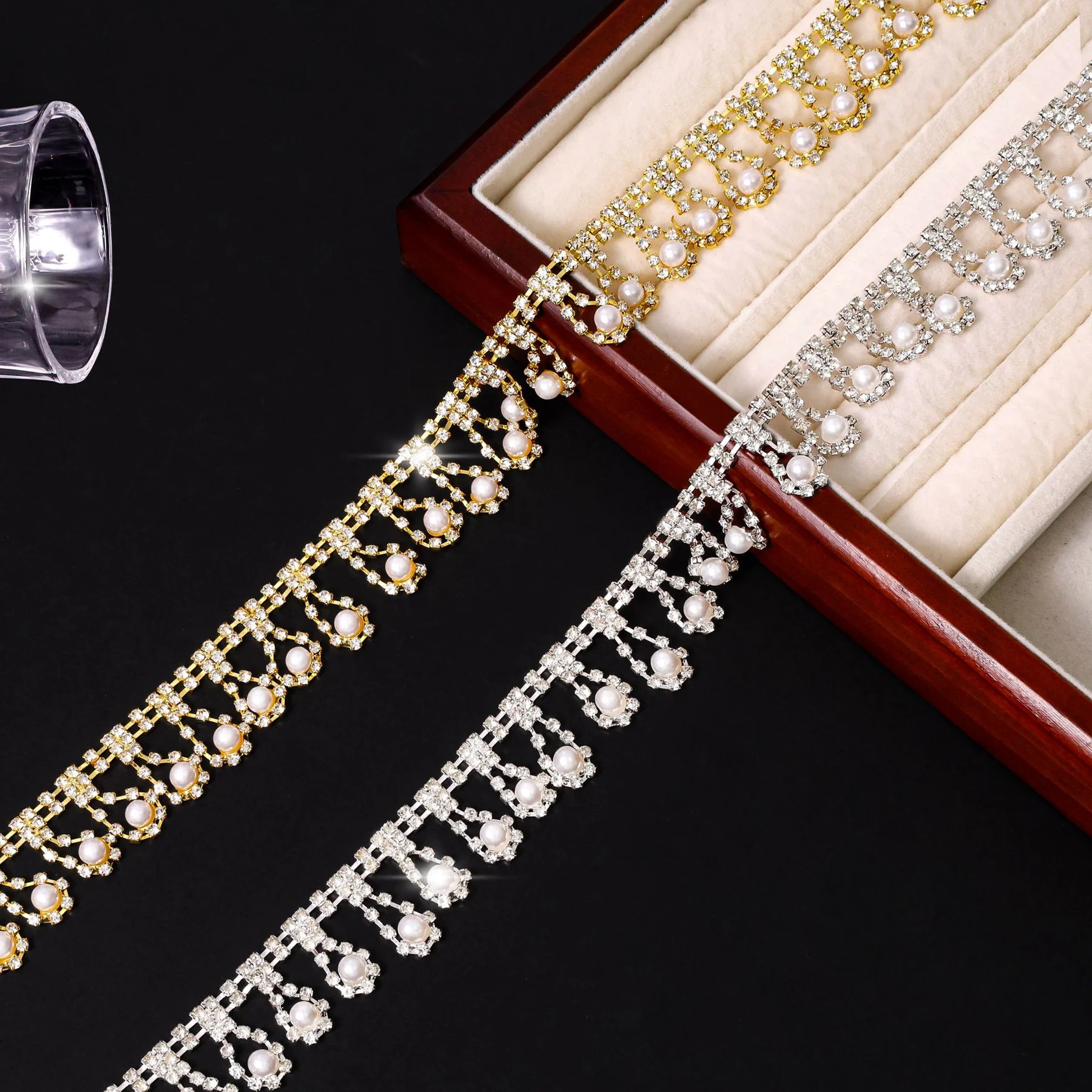 Silver and gold pearl loop rhinestone fringe chain