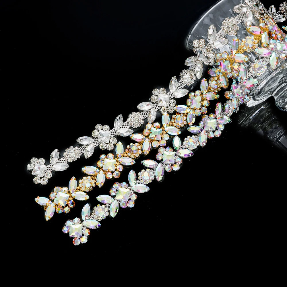 Wide marquise crystal leaf chains in silver-white and gold AB finishes