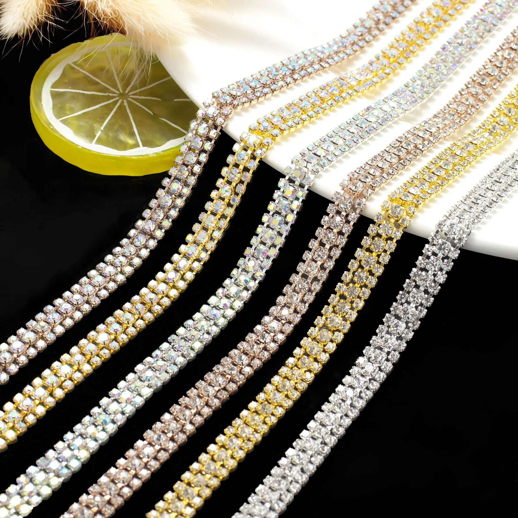 Double-row rhinestone chains in silver, gold, rose gold, white and AB finishes