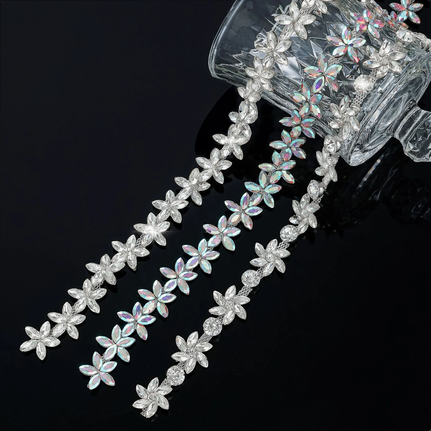 Marquise flower rhinestone chains in clear and AB crystal designs