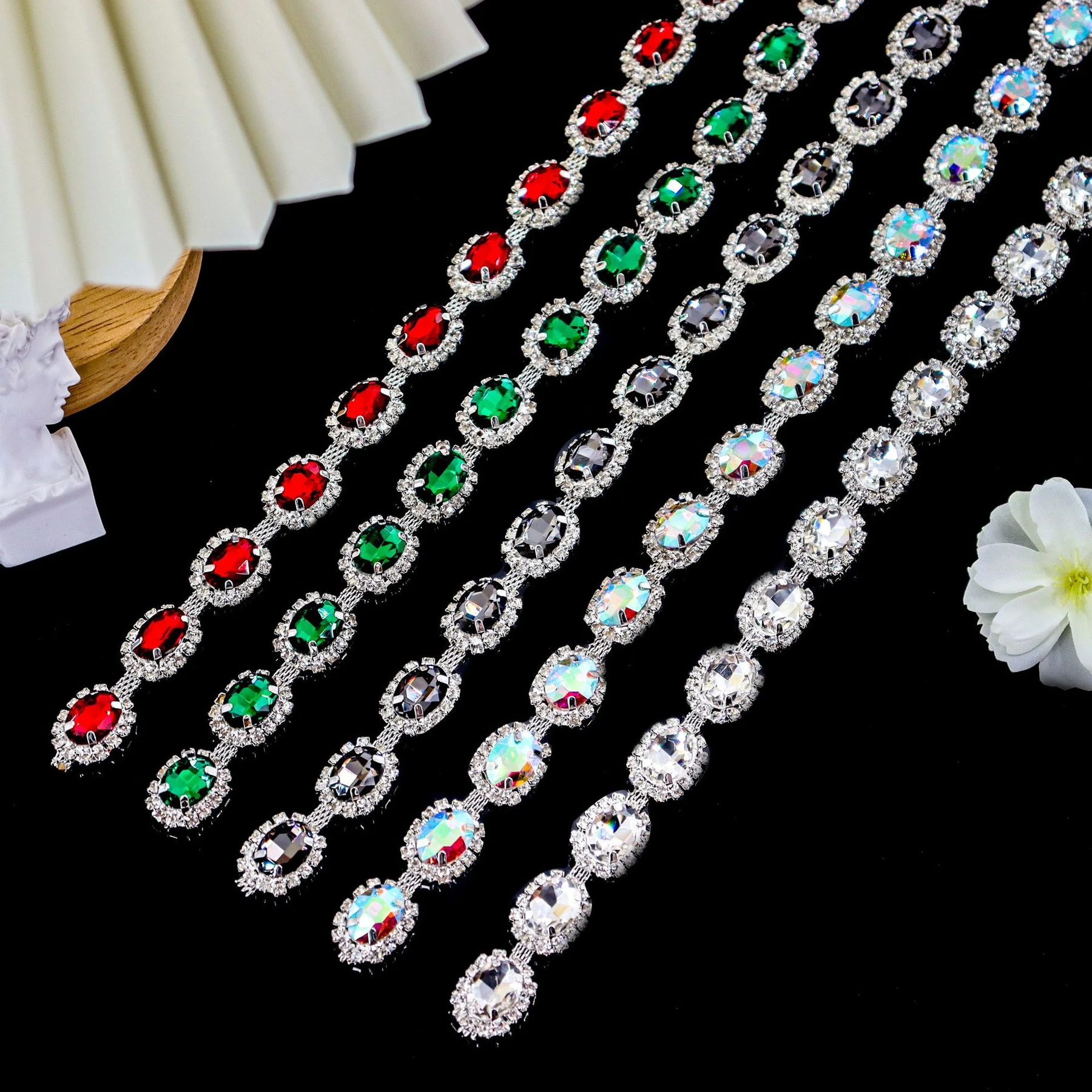 Oval halo rhinestone chains in clear, AB, gray, green, red, blue and pink