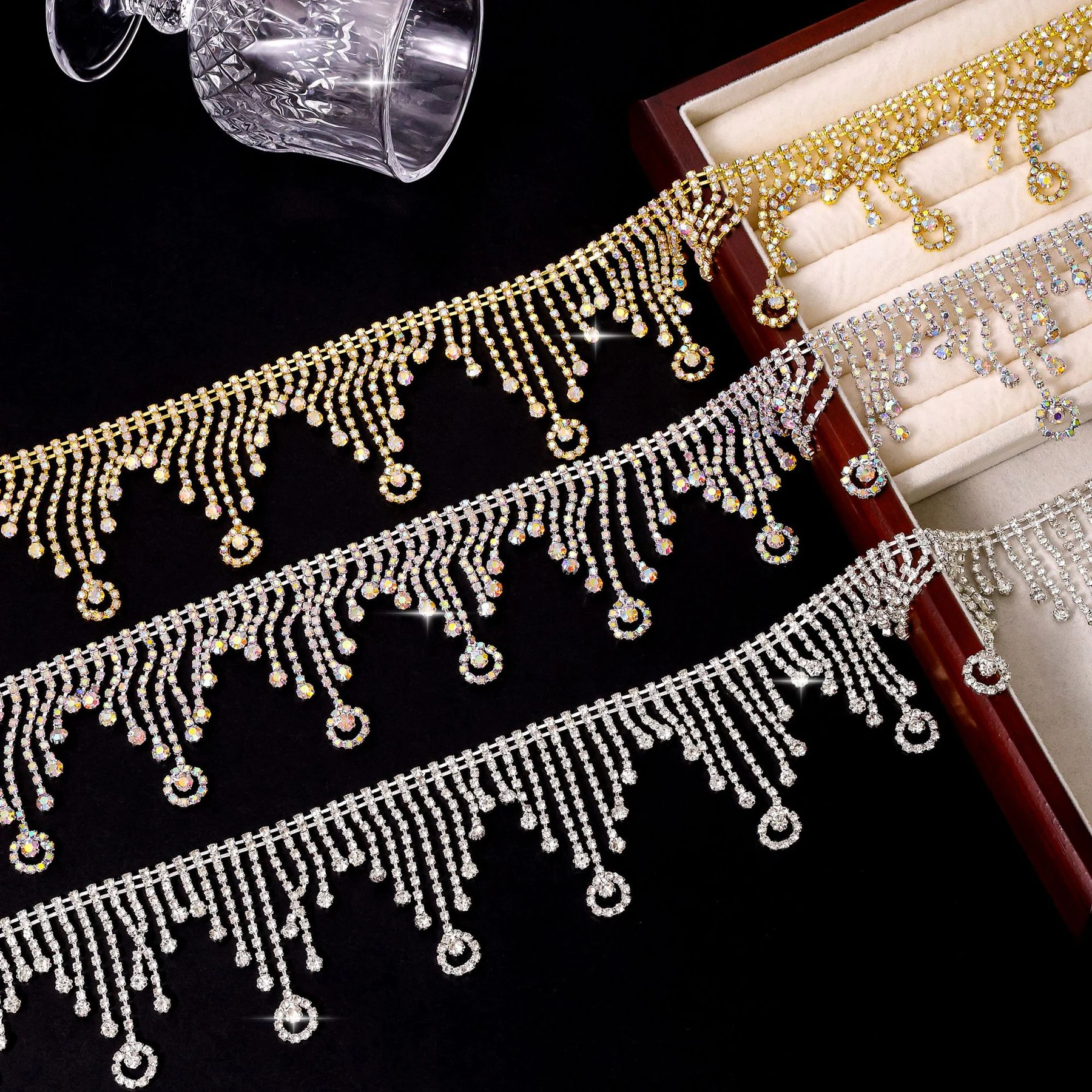 Graduated round-drop rhinestone fringe in silver, silver AB and gold AB