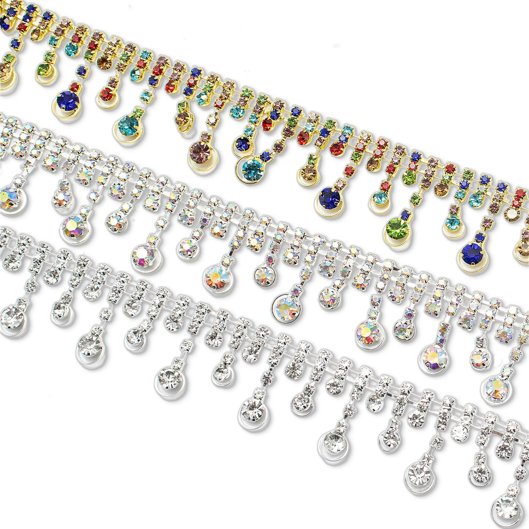 Teardrop rhinestone fringe in silver-white, silver AB and gold multicolor finishes