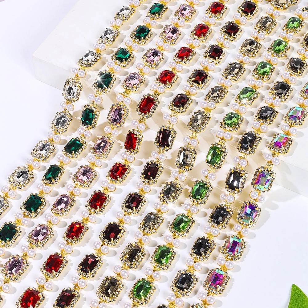 Gold-tone rectangle rhinestone chains framed with small pearl-look beads in nine colors