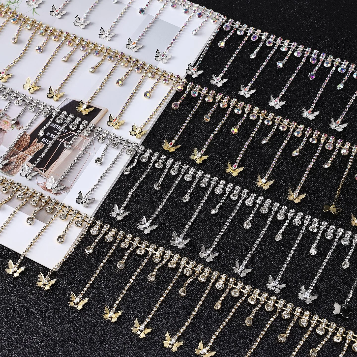 Butterfly tassel rhinestone fringe chain in silver gold and iridescent finishes