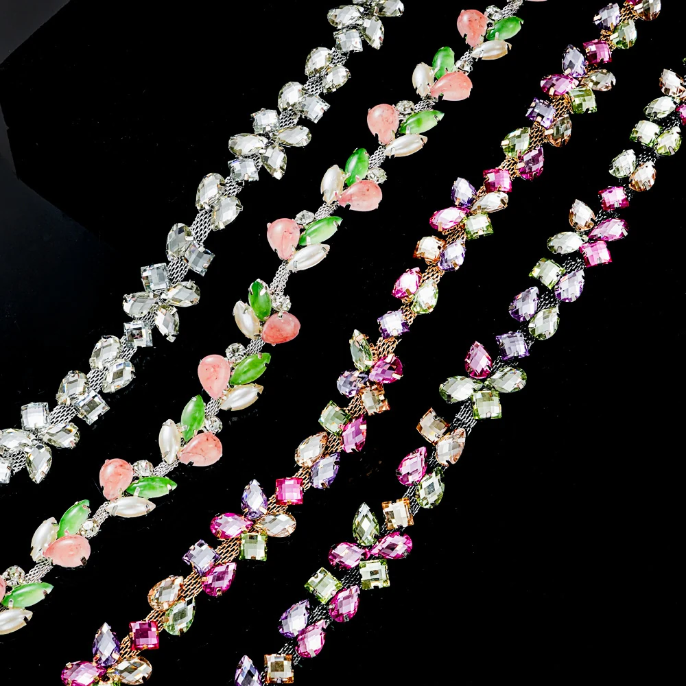 Mixed-cut clear and pastel rhinestone chain trims