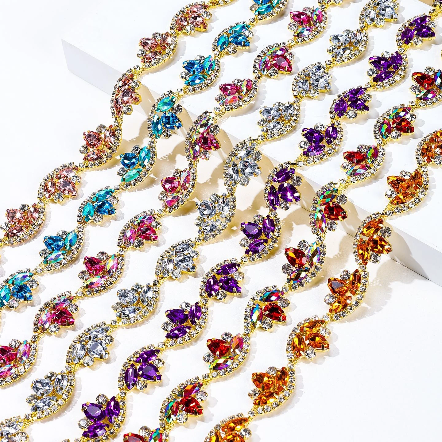 Marquise crescent rhinestone chains in fourteen colors and two base tones