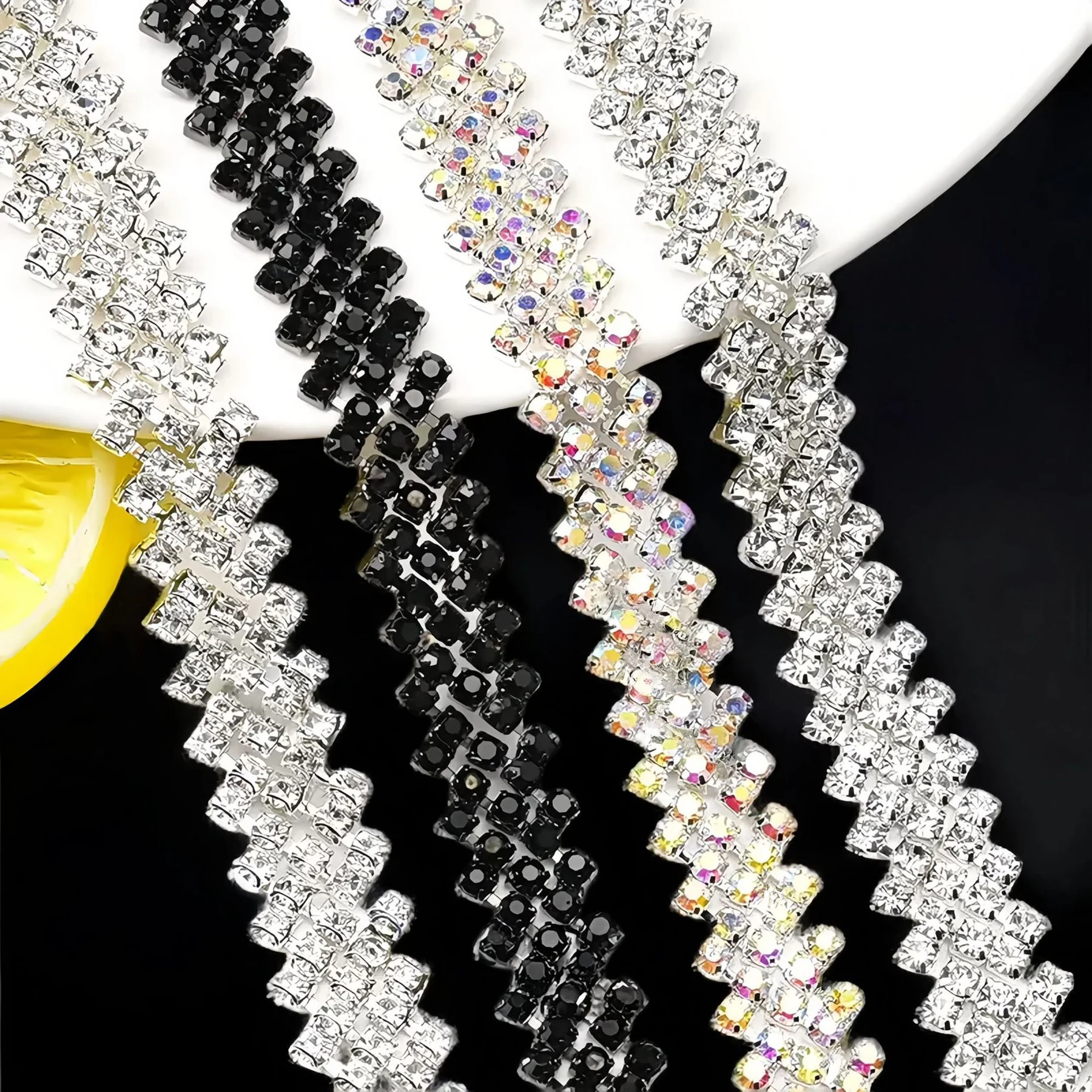 Five-row chevron rhinestone chains in silver black gold and iridescent finishes