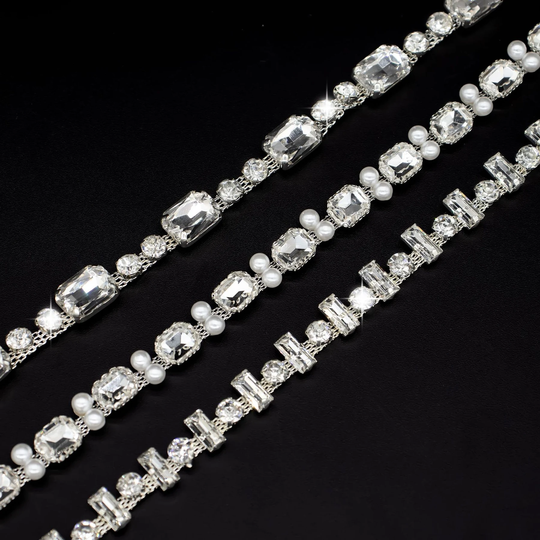 Square and pearl rhinestone chain constructions in iron and copper
