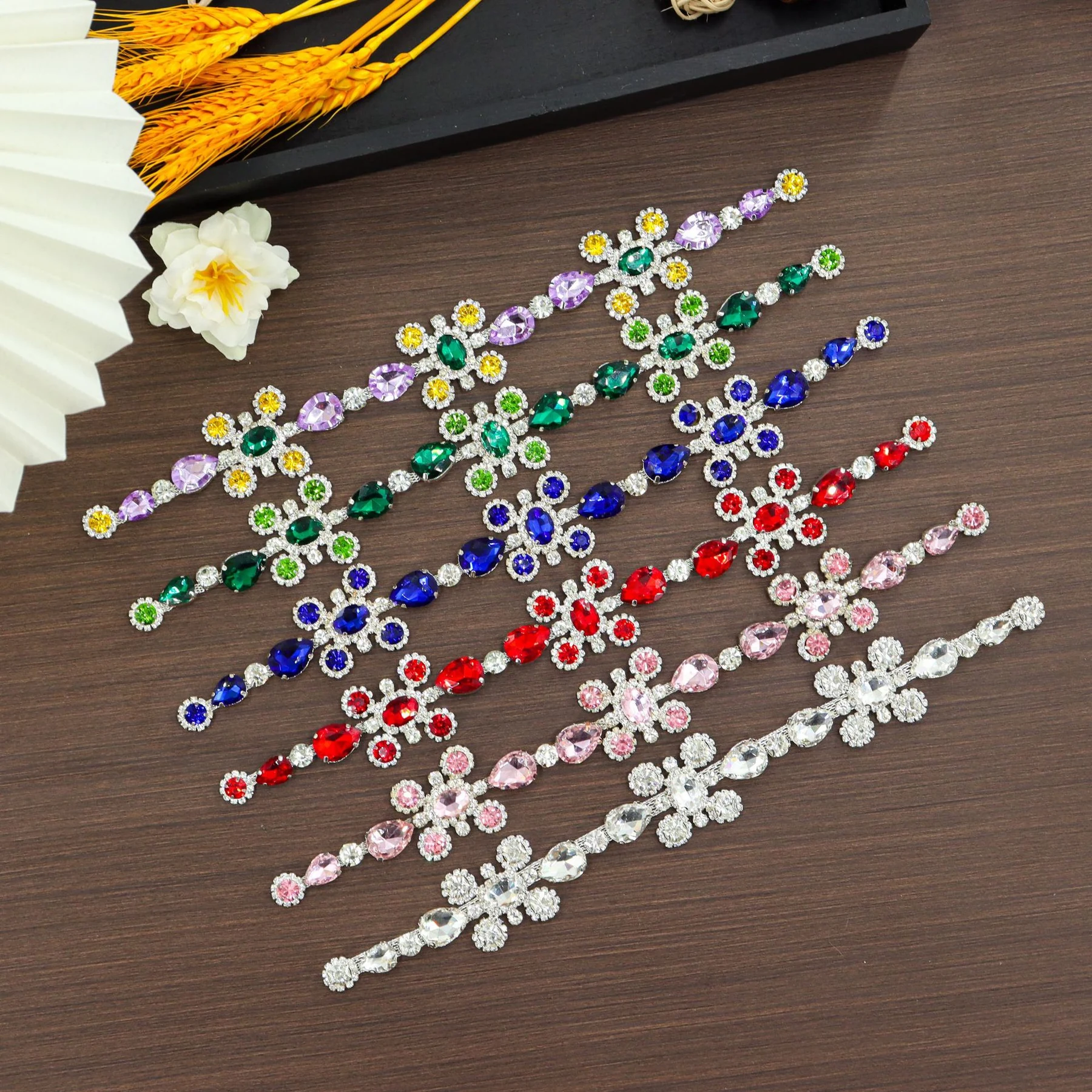 Floral rhinestone neckline appliques in six crystal colors