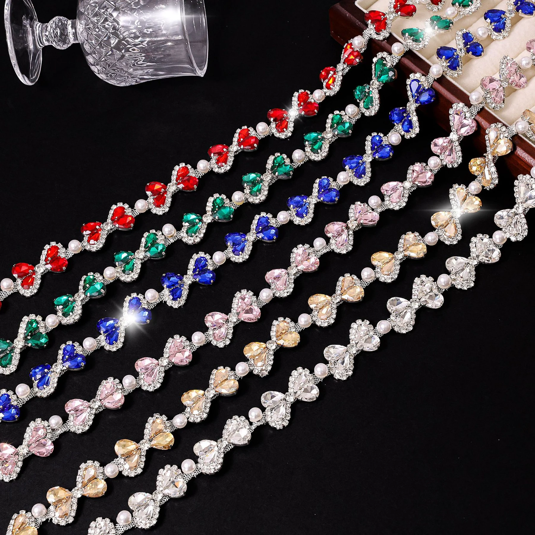 Wide oval and flower rhinestone chain in six colors