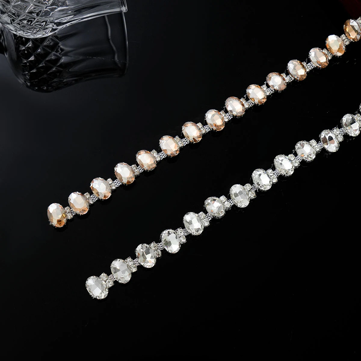 Oval crystal rhinestone chains in silver and champagne finishes