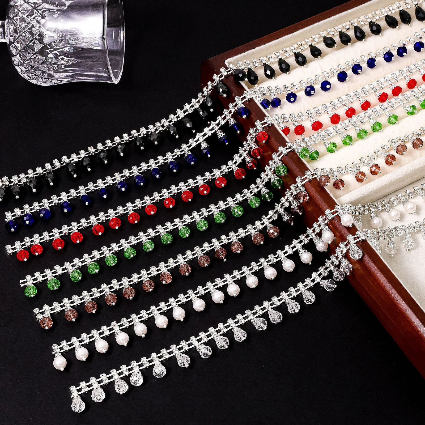 Crystal bead drop rhinestone chain in pearl clear and colored variants