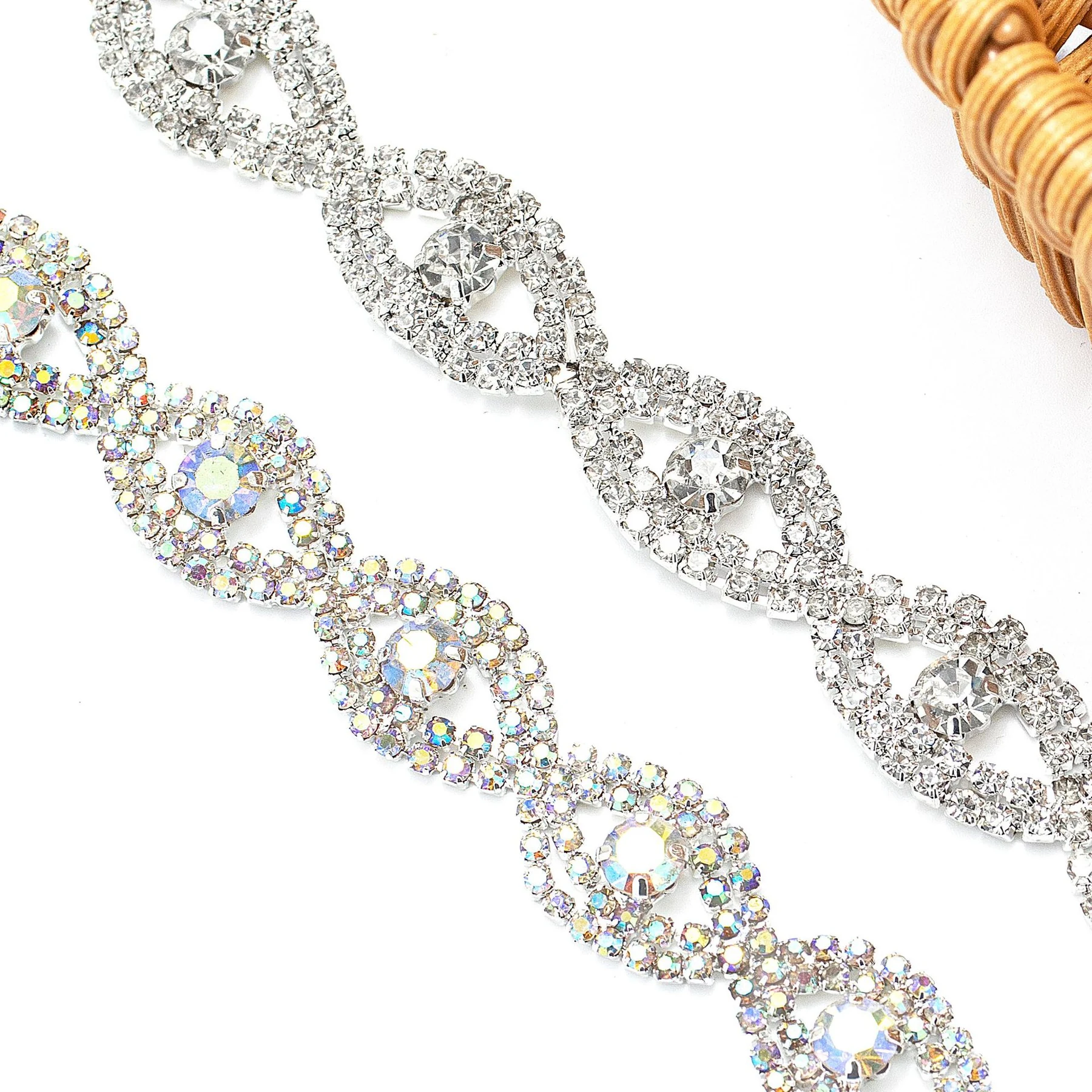 Clear and AB figure-eight rhinestone chains measuring 1.5 cm wide