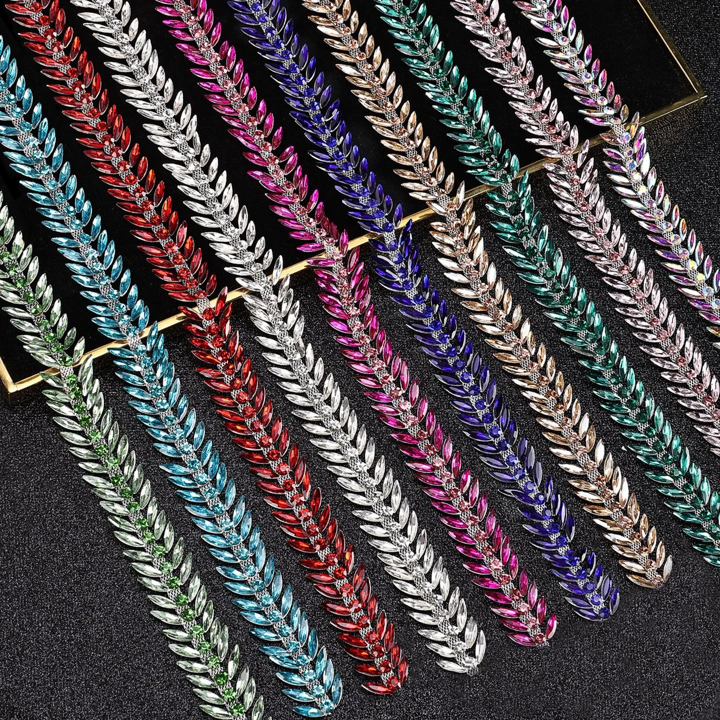 Copper leaf rhinestone chain in ten clear and colorful finishes