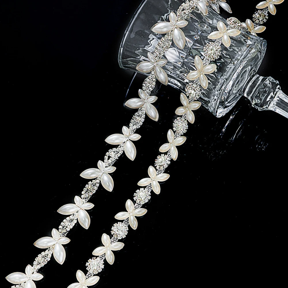 White and beige floral rhinestone chains in two widths