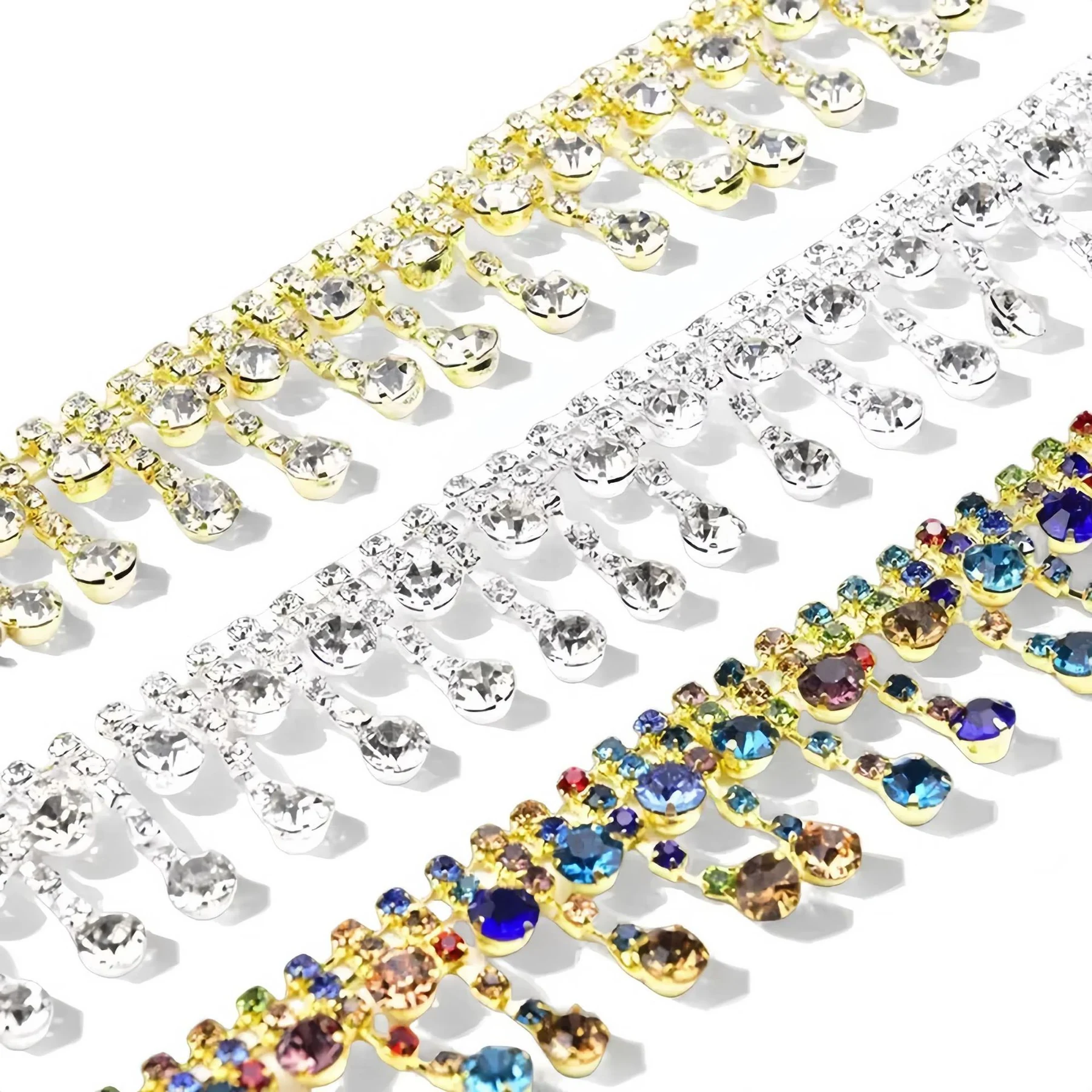 Double-row hanging rhinestone fringe in silver gold-white and multicolor