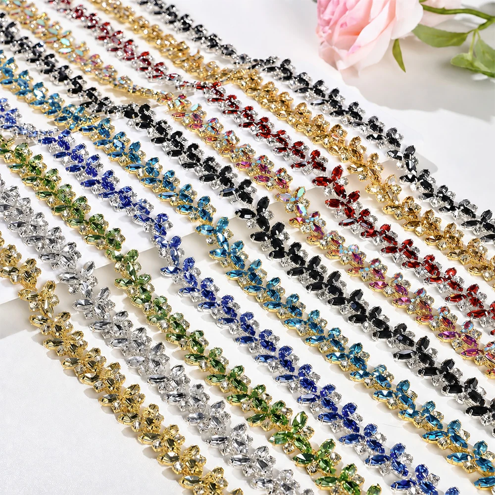 Marquise rhinestone chains in ten colors on silver and gold bases