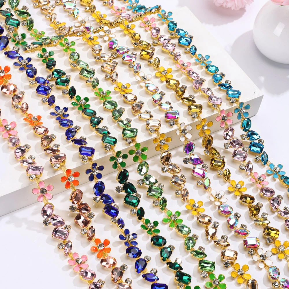 Gold-base floral rhinestone chains in nine coordinated color palettes
