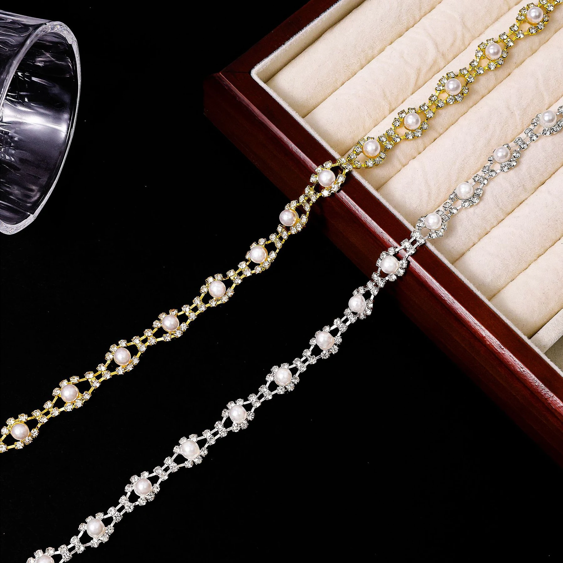 Pearl rose rhinestone chain in silver and gold-tone finishes