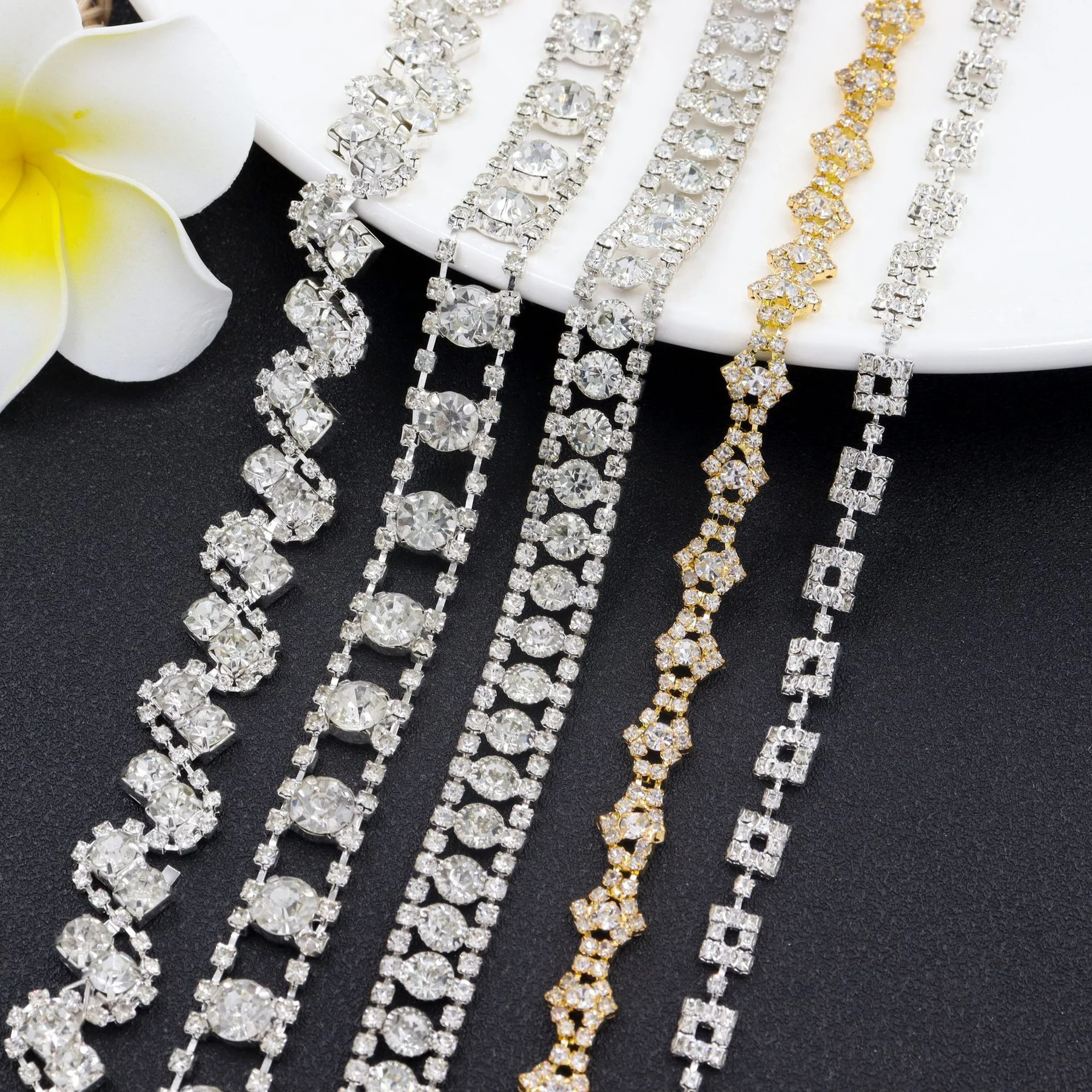 Five dense rhinestone chain patterns in widths from 0.7 to 1.5 centimeters
